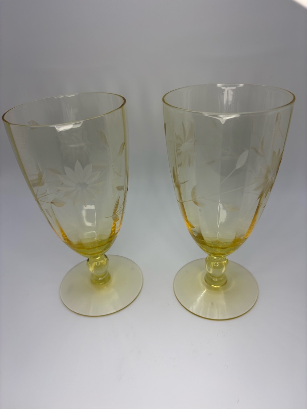 Set of two vintage Lancaster Jubilee etched yellow glasses